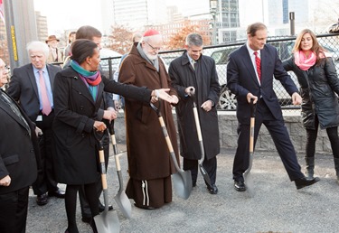 Groundbreaking of the future Our Lady of Good Voyage (Seaport) Chapel on Seaport Blvd. in South Boston, Nov. 21, 2014.<br />
Pilot photo by Gregory L. Tracy<br />
