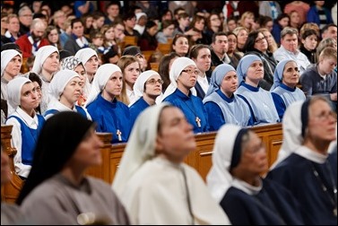 Religious women listen as New York Cardinal Timothy Dolan delivers his homily at Vigil Mass for Life, held Jan. 26 at the Basilica of the National Shrine of the Immaculate Conception in Washington, D.C. Pilot photo/ Gregory L. Tracy 