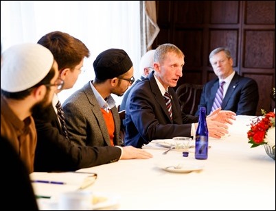 Cardinal O’Malley hosted a gathering of Boston-area Muslim community leaders with representatives of the local Catholic and Greek Orthodox Churches and government officials, including Gov. Charlie Baker, Boston Mayor Martin Walsh and Boston Police Commissioner William Evans, at the rectory of the Cathedral of the Holy Cross Feb. 2, 2017.
Pilot photo/ Gregory L. Tracy 
