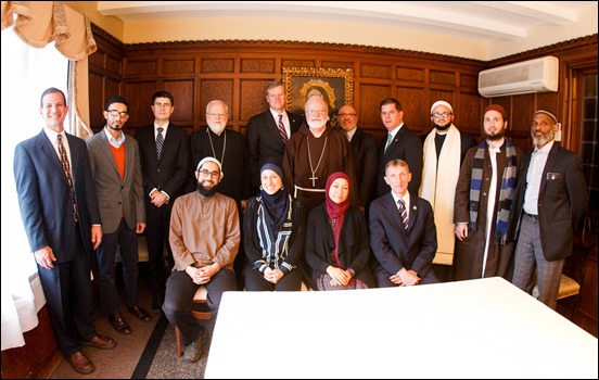 Cardinal O’Malley hosted a gathering of Boston-area Muslim community leaders with representatives of the local Catholic and Greek Orthodox Churches and government officials, including Gov. Charlie Baker, Boston Mayor Martin Walsh and Boston Police Commissioner William Evans, at the rectory of the Cathedral of the Holy Cross Feb. 2, 2017.
Pilot photo/ Gregory L. Tracy 
