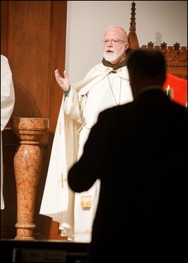 Cardinal Sean O’Malley celebrates a vespers service at the new Our Lady of Good Voyage Shrine in Boston’s Seaport District April 21, 2017. The service was held on the eve of the shrine’s dedication for priests, community members, archdiocesan staff, workers and others involved with the development of the new church. Pilot photo/ Gregory L. Tracy 