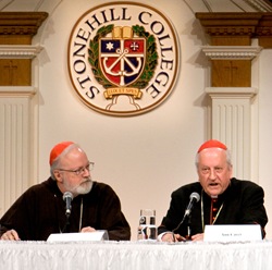 Cardinal Franc Rode, Prefect of the Congregation for Institutes of  Consecrated Life and Societies of Apostolic Life answers a question from the audience during Religious Life Symposium held Sept. 27, 2008 at Stonehill College in North Easton, Mass.    Cardinal Sean P. O’Malley translated for Cardinal Rose during the question and answer session.<br />
Pilot photo/ Gregory L. Tracy</p>
<p>