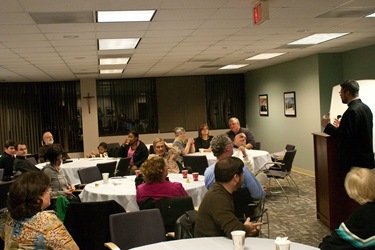 Leaders of the youth and young adult ministry of the Archdiocese of Boston gather at the Pastoral Center for an evening of networking and collaboration led by father Matt Williams of the Office for the New Evangelization of Youth and Young Adults.
Pilot photo/ Neil W. McCabe 