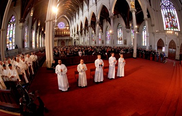 Frank D. Camp, David W. Gunter from Blessed John XXIII National Seminary, Seán Micheál Maher and Huy Hoang Nguyên from St. John Seminary and Israel Jose Rodriguez of the Redemptoris Mater Archdiocesan Missionary House of Formation are ordained as transitional deacons by Cardinal Seán P. O'Malley Jan. 31, 2009 at the Cathedral of the Holy Cross.<br /> Pilot photo/ Gregory L. Tracy<br /> 