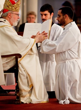 Frank D. Camp, David W. Gunter from Blessed John XXIII National Seminary, Seán Micheál Maher and Huy Hoang Nguyên from St. John Seminary and Israel Jose Rodriguez of the Redemptoris Mater Archdiocesan Missionary House of Formation are ordained as transitional deacons by Cardinal Seán P. O'Malley Jan. 31, 2009 at the Cathedral of the Holy Cross.<br /> Pilot photo/ Gregory L. Tracy<br /> 