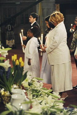 Children who were baptized during an Easter vigil with Cardinal Sean P. O'Malley at the Cathedral of the Holy Cross in Boston, Saturday, April 11, 2009. (Photo/Lisa Poole)