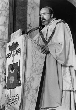 The young coadjutor bishop, Seán P. O'Malley, preaching at the Cathedral of Sts. Peter and Paul in St. Thomas in the U.S. Virgin Islands. (Photo courtesy of The Florida Catholic)