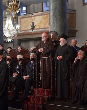 Cardinal Sean P. O'Malley and Greek Orthodox Metropolitan Methodios of Boston listen to remarks addressed to them by Ecumenical Patriarch Bartholomew. Pilot photo/ Gregory L. Tracy