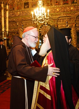 Cardinal O'Malley and Patriarch Bartholomew embrace Sept. 22, 2007 following a celebration of vespers at the Patriarchate of Constantinople.   Pilot photo/ Gregory L. Tracy