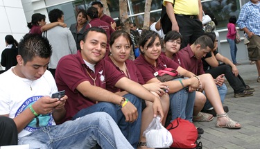 (L-r) Marcos Andres, Luis Gomez, Viviana Villeda, Alejandra Chacon and Lizet Rodriguez of St. Joseph Church wait for the bus that will take them back to Dalton. They are members of the parish Young Followers of Christ teen group.