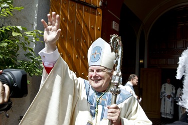 June 1, 2010 Daniel Soñé | FC  Archbishop of Miami, Thomas Wenski, waves to the crowds outside the cathedral after his installation ceremony. Archbishop Thomas Wenski, former bishop of the Diocese of Orlando, becomes the fourth archbishop of Miami succeeding Archbishop John C. Favalora at the installation ceremony at St. Mary's Cathedral in North Miami.