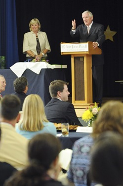 The Connors are seen on stage after being honored during an awards night at the Pope John Paul II Catholic Academy in Dorchester, Wednesday, June 2, 2010. (Photo/Lisa Poole)