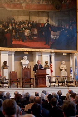 Supreme Knight of the Knights of Columbus Carl Anderson delivers his address "The Importance of President John F. Kennedy’s Inaugural Address 50 Years Later" at Boston's Faneuil Hall April 7, 2011. Photo by Gregory L. Tracy, The Pilot