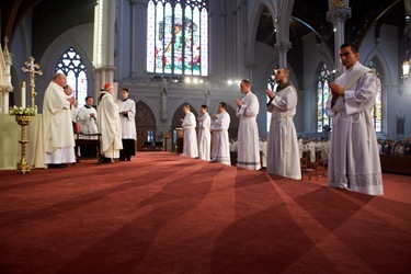 Fathers John D’Arpino, Michael Farrell, Seán Hurley, FPO, Kwang Hyun Lee, Mark Murphy, and Carlos Suarez are ordained to the priesthood by Cardinal Seán P. O’malley May 21, 2011 at the Cathedral of the Holy Cross. 
Pilot photo by Gregory L. Tracy
