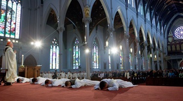 Fathers John D’Arpino, Michael Farrell, Seán Hurley, FPO, Kwang Hyun Lee, Mark Murphy, and Carlos Suarez are ordained to the priesthood by Cardinal Seán P. O’malley May 21, 2011 at the Cathedral of the Holy Cross. 
Pilot photo by Gregory L. Tracy
