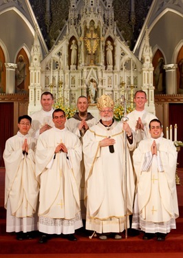 Fathers John D’Arpino, Michael Farrell, Seán Hurley, FPO, Kwang Hyun Lee, Mark Murphy, and Carlos Suarez are ordained to the priesthood by Cardinal Seán P. O’malley May 21, 2011 at the Cathedral of the Holy Cross. 
Pilot photo by Gregory L. Tracy
