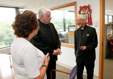 Retired Archbishop of Hong Kong Cardinal Joseph Zen Ze-kiun visits the Boston Archdiocese’s Pastoral Center July 18, 2011. The visit was part of a multi-city tour by the cardinal of the U.S. and Canada visiting local Chinese Catholic communities and raising awareness of the situation of the Church in China.
Pilot photo/ Gregory L. Tracy
