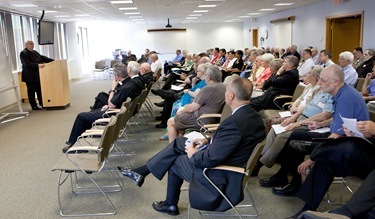 Msgr. Andrew Wadsworth executive director of the International Commission on English in the Liturgy (ICEL) speaks at the Archdiocese of Boston's Pastoral Center Sept. 28, 2011. Photo by Gregory L. Tracy, The Pilot