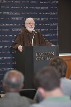 Cardinal Sean O'Malley adresses a C21 event audience on The Eucharist: The Center of Catholic Life. The event took place in the Murray Room of Yawkey Center and was the last event of a series of day long activities for the Cardinal in his visit to STM and the University in general.