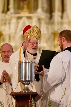 Cardinal O’Malley celebrates the Chrism Mass April 3 at the Cathedral of the Holy Cross.  At the Mass, sacred oils are blessed that will be used in parishes for sacraments throughout the coming year.  Traditionally, the day is also an occasion to celebrate priestly fraternity. Pilot photo by Gregory L. Tracy