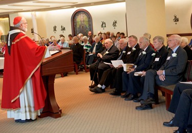 Celebration with jubilarian brothers April 25, 2012 at the Archdiocese of Boston Pastoral Center: Brother Donald Birtles, CFX, was celebrating his 70th anniversary.  Brothers Frederick Codair, CFX; John Doyle, CFX; John Kerr, CFX and Brother James Lucas, OMI were all celebrating their 60th anniversary. Brother James Eckert, CFX was celebrating his 50th anniversary and Brother Rahl Bunsa of the Brotherhood of Hope was celebrating his 25th anniversary. Pilot photo by Gregory L. Tracy