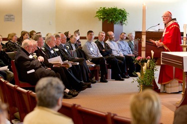 Celebration with jubilarian brothers April 25, 2012 at the Archdiocese of Boston Pastoral Center: Brother Donald Birtles, CFX, was celebrating his 70th anniversary.  Brothers Frederick Codair, CFX; John Doyle, CFX; John Kerr, CFX and Brother James Lucas, OMI were all celebrating their 60th anniversary. Brother James Eckert, CFX was celebrating his 50th anniversary and Brother Rahl Bunsa of the Brotherhood of Hope was celebrating his 25th anniversary. Pilot photo by Gregory L. Tracy