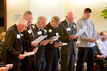 Celebration with jubilarian brothers April 25, 2012 at the Archdiocese of Boston Pastoral Center: Brother Donald Birtles, CFX, was celebrating his 70th anniversary.  Brothers Frederick Codair, CFX; John Doyle, CFX; John Kerr, CFX and Brother James Lucas, OMI were all celebrating their 60th anniversary. Brother James Eckert, CFX was celebrating his 50th anniversary and Brother Rahl Bunsa of the Brotherhood of Hope was celebrating his 25th anniversary. Pilot photo by Gregory L. Tracy