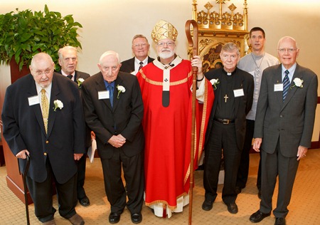 Celebration with jubilarian brothers April 25, 2012 at the Archdiocese of Boston Pastoral Center: Brother Donald Birtles, CFX, was celebrating his 70th anniversary.  Brothers Frederick Codair, CFX; John Doyle, CFX; John Kerr, CFX and Brother James Lucas, OMI were all celebrating their 60th anniversary. Brother James Eckert, CFX was celebrating his 50th anniversary and Brother Rahl Bunsa of the Brotherhood of Hope was celebrating his 25th anniversary. Pilot photo by Gregory L. Tracy