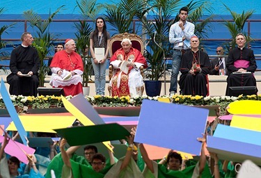 Pope Benedict XVI attends a meeting at the San Siro stadium in Milan June 2. The pope was in Milan for the 2012 World Meeting of Families. (CNS photo/Maria Grazia Picciarella, pool) (June 4, 2012) See stories marked FAMILIES- June 1-4, 2012.
