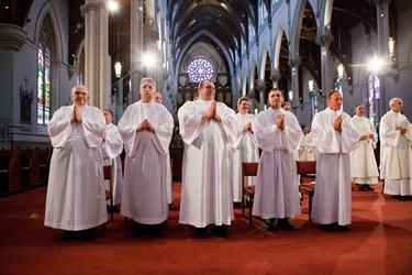 Ordination of Permanent Deacons Robert C. Balzarini, Vincent Gatto, James T. Hinkle, Michael C. Joens, Jonathan Jones, Brian K. Kean, Thomas O’Shea, Louis J. Piazza, William K. Reidy, and Paulo Torrens, Sept. 22, 2012 at the Cathedral of the Holy Cross. 
Pilot photo/ Gregory L. Tracy
