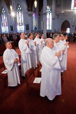 Ordination of Permanent Deacons Robert C. Balzarini, Vincent Gatto, James T. Hinkle, Michael C. Joens, Jonathan Jones, Brian K. Kean, Thomas O’Shea, Louis J. Piazza, William K. Reidy, and Paulo Torrens, Sept. 22, 2012 at the Cathedral of the Holy Cross. 
Pilot photo/ Gregory L. Tracy
