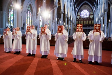 Ordination of Permanent Deacons Robert C. Balzarini, Vincent Gatto, James T. Hinkle, Michael C. Joens, Jonathan Jones, Brian K. Kean, Thomas O’Shea, Louis J. Piazza, William K. Reidy, and Paulo Torrens, Sept. 22, 2012 at the Cathedral of the Holy Cross. 
Pilot photo/ Gregory L. Tracy
