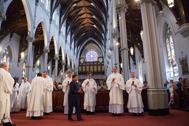 Ordination of Permanent Deacons Robert C. Balzarini, Vincent Gatto, James T. Hinkle, Michael C. Joens, Jonathan Jones, Brian K. Kean, Thomas O’Shea, Louis J. Piazza, William K. Reidy, and Paulo Torrens, Sept. 22, 2012 at the Cathedral of the Holy Cross. 
Pilot photo/ Gregory L. Tracy
