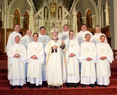 Ordination of Permanent Deacons Robert C. Balzarini, Vincent Gatto, James T. Hinkle, Michael C. Joens, Jonathan Jones, Brian K. Kean, Thomas O’Shea, Louis J. Piazza, William K. Reidy, and Paulo Torrens, Sept. 22, 2012 at the Cathedral of the Holy Cross. 
Pilot photo/ Gregory L. Tracy
