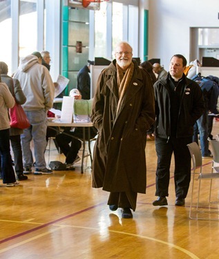 Cardinal Seán P. O’Malley smiles after casting his ballot at Cathedral High School in Boston’s South End Nov. 6, 2012.
Pilot photo/ Gregory L. Tracy
