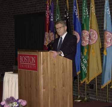 Chancellor of Boston University, Dr. John Silber, addresses the scholars and guests at the Ceremony to Honor The Cardinal Medeiros Scholars in the Matcalf Hall of the George Sherman Union.                             