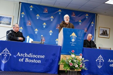 Cardinal Seán P. O’Malley, Msgr. James Moroney and Bishop Robert P. Deeley speak to the media about the resignation of Pope Benedict XVI Feb. 12, 2013 at the archdiocese’s Pastoral Center. 
Pilot photo/ Gregory L. Tracy
