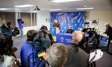 Cardinal Seán P. O’Malley, Msgr. James Moroney and Bishop Robert P. Deeley speak to the media about the resignation of Pope Benedict XVI Feb. 12, 2013 at the archdiocese’s Pastoral Center. 
Pilot photo/ Gregory L. Tracy
