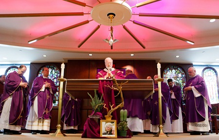 Cardinal Sean P. O’Malley celebrates a “month’s mind” memorial Mass for his stepmother Claire O’Malley in the chapel of the Boston Archdiocese’s Pastoral Center Feb. 20, 2013. Mrs. O’Malley passed away in Florida on Sunday, Jan. 20 at age 90. Pilot photo by Gregory L. Tracy