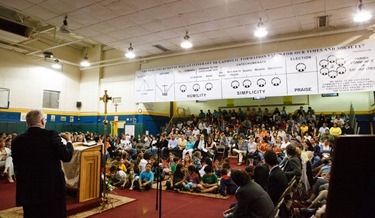 Cardinal Sean O'Malley meets with membersof the Neocatechumenal Way at Immaculate Conception School in Revere June 17, 2013. Photo by Gregory L. Tracy