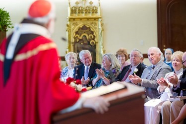 Xaverian Brother Philip White, who is celebrating 70 years of religious life, gathers with family and friends at Mass celebrated by Cardinal Sean P. O’Malley June 5, 2013 at the archdiocese’s Pastoral Center in Braintree, Mass.  During the Mass Brother Philip renewed his religious vows.
Pilot photo by Gregory L. Tracy
