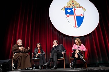 TOM McCARTHY JR. | CR STAFF
Cardinal Seán P. O’Malley, a Capuchin Franciscan and archbishop of Boston, participates in a question-and-answer session during The Francis Factor at Loyola University in Baltimore March 18 alongside fellow panelists Helen Alvaré, professor of law at George Mason University School of Law in Arlington, Va., and a consultor for the Pontifical Council of the Laity; Jesuit Father Matt Malone, editor-in-chief of America magazine; Kerry Robinson, executive director of the National Leadership Roundtable on Church Management; and Basilian Father Thomas Rosica (not pictured), founding chief executive officer of the Canadian Catholic network Salt and Light Television.