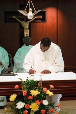 Incardination of Fathers Succès Jean-Pierre, Gabino Macias and Linus Mendis during Mass celebrated Feb. 28, 2014 at the Archdiocese of Boston's Pastoral Center in Braintree. Pilot photo/ Gregory L. Tracy