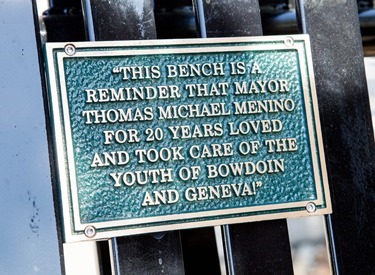 Dedication of a bench in honor of former Boston Mayor Thomas Menino outside Catholic Charities’ Teen Center at St. Peter’s in Dorchester May 12, 2014.  
Pilot photo/ Gregory L. Tracy 
