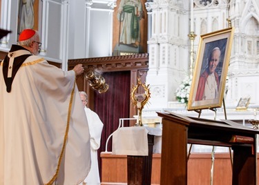 The relic of St. Pope John Paul II is displayed next the altar of the Cathedral of the Holy Cross during Mass Sunday June 22, 2014.  Following the Mass, the relic was carried in procession to the cathedral’s side chapel for veneration. (Pilot photo by Gregory L. Tracy)