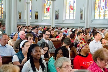 New ecclesial movements and communities join Cardinal Seán P. O'Malley for the celebration of the Vigil of Pentecost at the Cathedral of the Holy Cross June 7, 2014. The groups represented included the Community of Sant' Egidio, the Charismatic Renewal Movement, Tallares de Oracion y Vida, the Neo-Catechumenal Way, the Emmanuel Community, Cursillo, Comunidade Shalom, Communion and Liberation, and the Catholic Grandparents' Association.
Pilot photo by Christopher S. Pineo 
