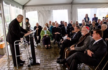 Cardinal Seán P. O'Malley and Boston Mayor Martin Walsh join the celebration of the 50th anniversary of Regina Cleri, the Archdiocese of Boston’s residence for senior priests in Boston’s West End June 5, 2014.
Pilot photo by Christopher S. Pineo 
