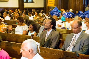 Cardinal Sean P. O’Malley and Cardinal Francis Arinze, who is from Nigeria, celebrate a Mass to mark the 25th anniversary of the Nigerian Catholic Community in the Archdiocese of Boston at St. Katharine Drexel Parish in Dorchester July 26, 2014. (Pilot photo/Christopher S. Pineo)