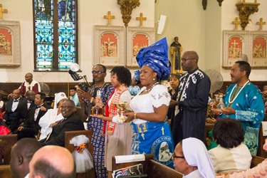 Cardinal Sean P. O’Malley and Cardinal Francis Arinze, who is from Nigeria, celebrate a Mass to mark the 25th anniversary of the Nigerian Catholic Community in the Archdiocese of Boston at St. Katharine Drexel Parish in Dorchester July 26, 2014. (Pilot photo/Christopher S. Pineo)