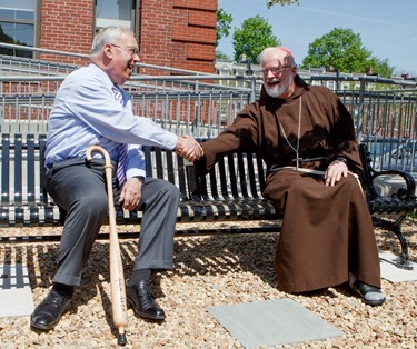 Dedication of a bench in honor of former Boston Mayor Thomas Menino outside Catholic Charities’ Teen Center at St. Peter’s in Dorchester May 12, 2014.<br />
Pilot photo/ Gregory L. Tracy<br />
